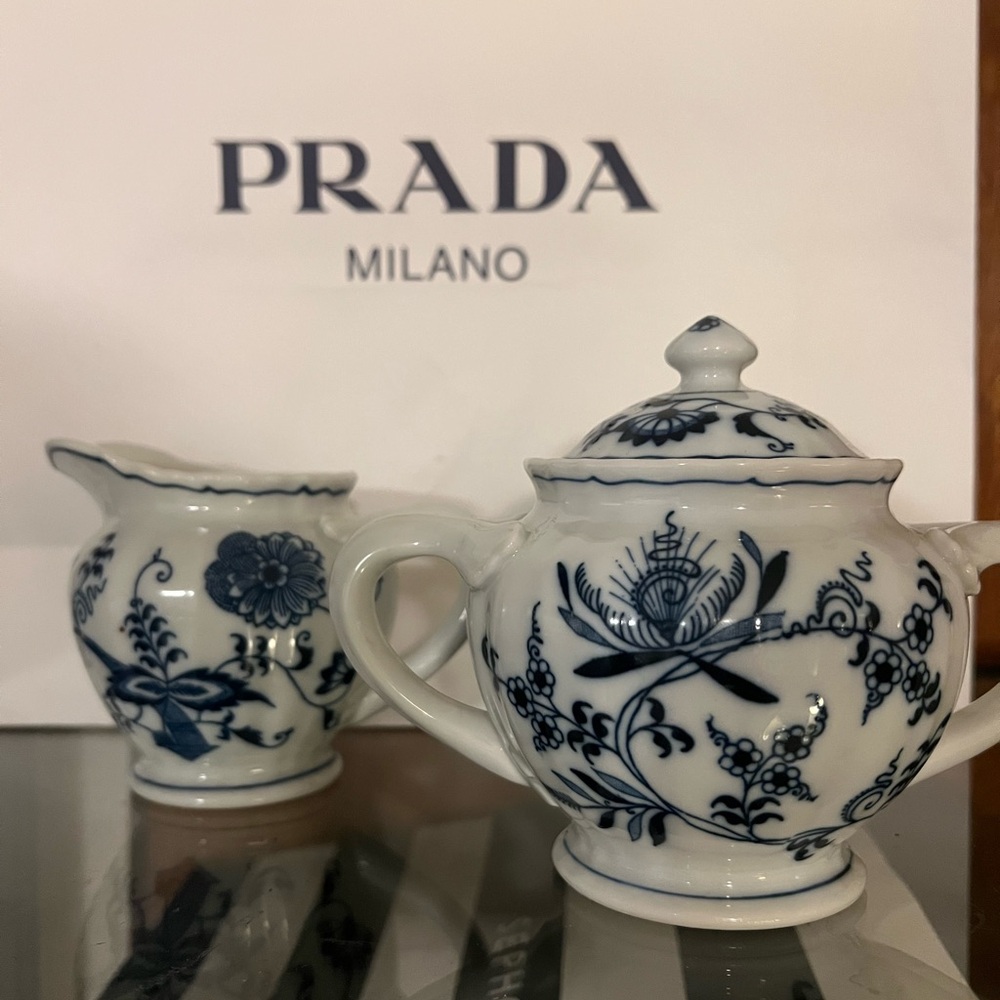 Blue and White Ceramic Cream & Sugar